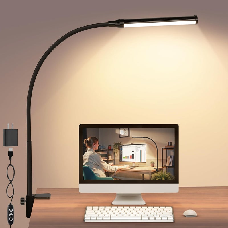 SHINETECH LED Desk lamp with Clamp, 3000K Warm White 11 Brightness Level Eye-Caring Clip Lights for Home Office, USB Adapter, Black - Image 1